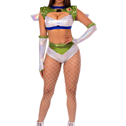 4 PC Intergalactic Ranger Costume, Includes Holographic Crop Top, Wing Harness, Bottoms, and Fingerless Gloves - Multicolor - LARGE