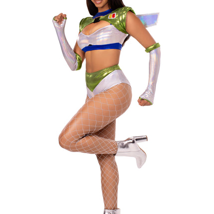 4 PC Intergalactic Ranger Costume, Includes Holographic Crop Top, Wing Harness, Bottoms, and Fingerless Gloves - Multicolor - LARGE
