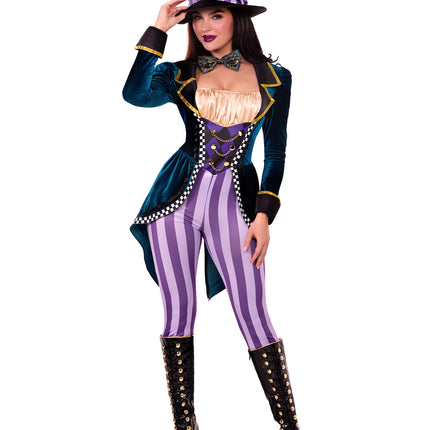 3 PC Classic Mad Hatter Costume, Includes Jumpsuit with a Checkerboard Trimmed Velvet Tailcoat, Bow Tie, and Mad Hatter Hat - Multicolor - SMALL
