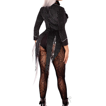 2 PC Halloween Baddie Costume, Includes Striped Velvet Bodysuit with Snap Crotch and Wing Bow Tie - Black - LARGE