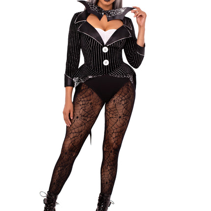2 PC Halloween Baddie Costume, Includes Striped Velvet Bodysuit with Snap Crotch and Wing Bow Tie - Black - LARGE