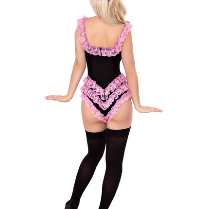 Boned Ruffle Bodysuit with Bow Accent - Black/Pink - LARGE