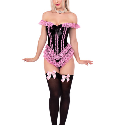 Boned Ruffle Bodysuit with Bow Accent - Black/Pink - LARGE