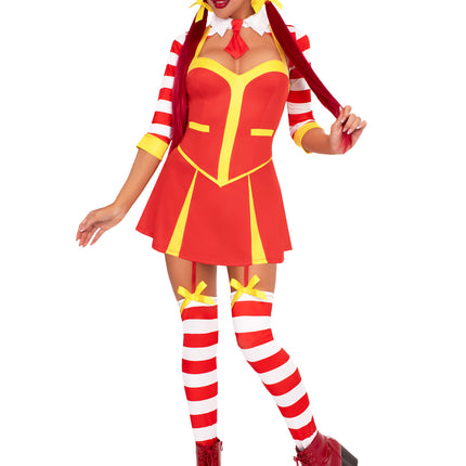 3 PC Ketchup Clown Costume, Includes Garter Dress with Attached Footless Thigh Highs, Collared Shrug, and 2 Hair Bows - Multicolor - MEDIUM