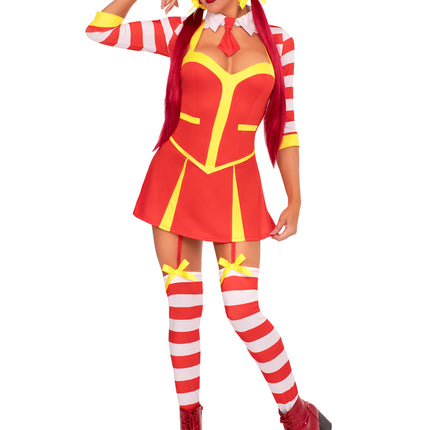 3 PC Ketchup Clown Costume, Includes Garter Dress with Attached Footless Thigh Highs, Collared Shrug, and 2 Hair Bows - Multicolor - XS