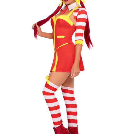 3 PC Ketchup Clown Costume, Includes Garter Dress with Attached Footless Thigh Highs, Collared Shrug, and 2 Hair Bows - Multicolor - XS