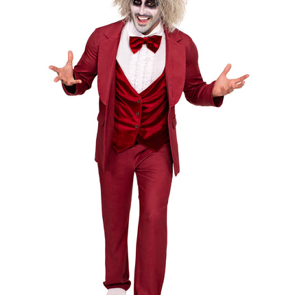 Men's 3 PC Beetle Groom Costume, Includes Jacket with Attached Velvet Vest, Dickey with Bow Tie, and Pants - Burgundy - LARGE