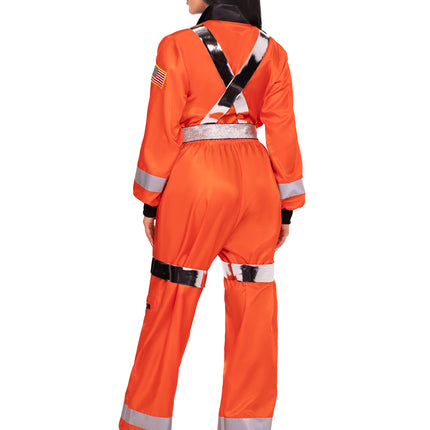 3 PC Cosmic Astronaut Costume, Includes Zip-Up Jumpsuit with Pockets and Reflective Trim, Metallic Body Harness, and Hat - Orange - SMALL