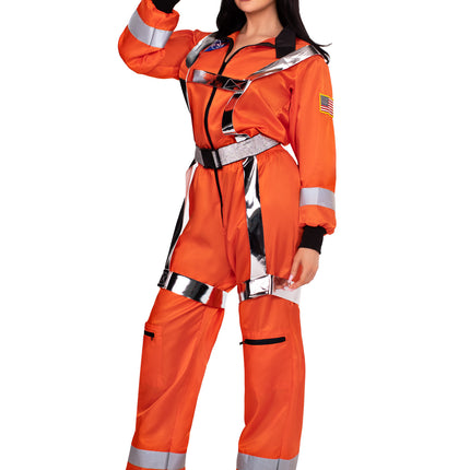 3 PC Cosmic Astronaut Costume, Includes Zip-Up Jumpsuit with Pockets and Reflective Trim, Metallic Body Harness, and Hat - Orange - SMALL