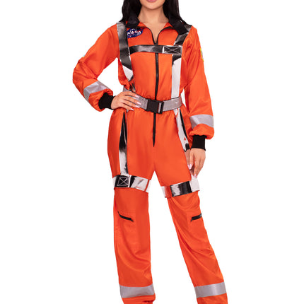 3 PC Cosmic Astronaut Costume, Includes Zip-Up Jumpsuit with Pockets and Reflective Trim, Metallic Body Harness, and Hat - Orange - SMALL