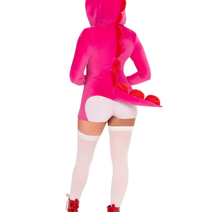 1 PC Comfy Dino Cutie Costume, Includes Ultra-Soft Velvet Plush Romper with Egg Zipper Pull and Bow Hood, Scalloped Spine, and Cheeky Paneled Booty with Stuffed Tail - Pink - XS