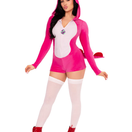 1 PC Comfy Dino Cutie Costume, Includes Ultra-Soft Velvet Plush Romper with Egg Zipper Pull and Bow Hood, Scalloped Spine, and Cheeky Paneled Booty with Stuffed Tail - Pink - XS