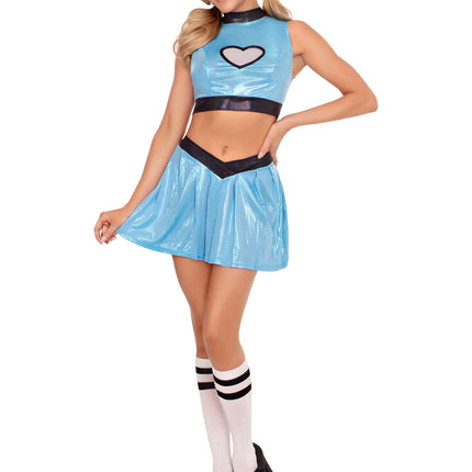 3 PC Super Sweetie Costume, Includes Shimmer Crop Top with Mesh Heart Panel, V-Front Skirt, and (2) Hair Ties - Blue - MEDIUM