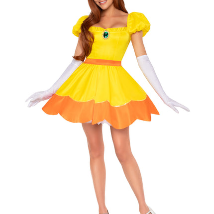4 PC Sunflower Princess Costume, Includes Sequin Trimmed Dress, Pin-On Broach, Gloves, and Crown - Yellow/Ora - SMALL