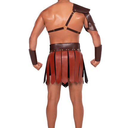 Men's 3 PC Gladiator Costume, Includes Faux-Leather Paneled Skirt, Armored Shoulder Harness, and Wrist Cuff - Brown - LARGE