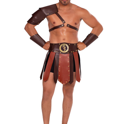 Men's 3 PC Gladiator Costume, Includes Faux-Leather Paneled Skirt, Armored Shoulder Harness, and Wrist Cuff - Brown - LARGE