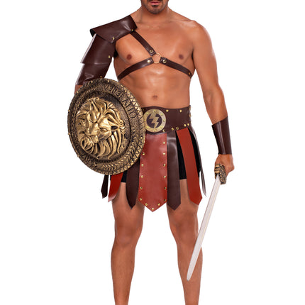 Men's 3 PC Gladiator Costume, Includes Faux-Leather Paneled Skirt, Armored Shoulder Harness, and Wrist Cuff - Brown - LARGE