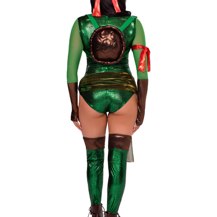 12 PC Renegade Ninja Hero Costume, Includes Bodysuit with Padded Abs, Waist Sash, Footless Thigh Highs, (4) Headbands, (4) Arm Bands, and Shell Backpack - Green - LARGE