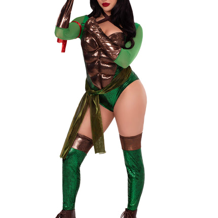 12 PC Renegade Ninja Hero Costume, Includes Bodysuit with Padded Abs, Waist Sash, Footless Thigh Highs, (4) Headbands, (4) Arm Bands, and Shell Backpack - Green - LARGE