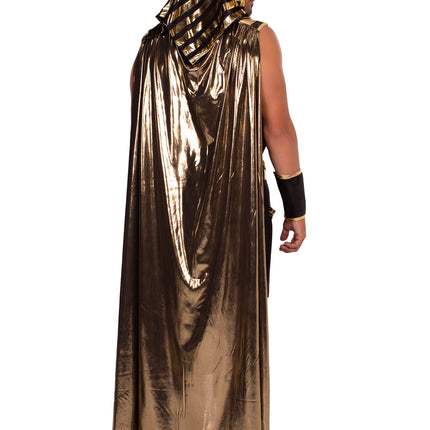 Men's 6 PC Pharaoh Costume, Includes Tank Top, Jeweled Collar with Attached Cape, Shorts with Attached Panel Belt, Wrist Cuffs, Leg Guards, and Head Piece - Black/Gold - X-LARGE