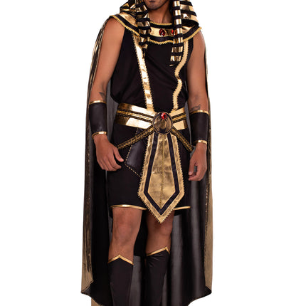 Men's 6 PC Pharaoh Costume, Includes Tank Top, Jeweled Collar with Attached Cape, Shorts with Attached Panel Belt, Wrist Cuffs, Leg Guards, and Head Piece - Black/Gold - X-LARGE