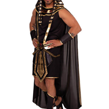 Men's 6 PC Pharaoh Costume, Includes Tank Top, Jeweled Collar with Attached Cape, Shorts with Attached Panel Belt, Wrist Cuffs, Leg Guards, and Head Piece - Black/Gold - X-LARGE