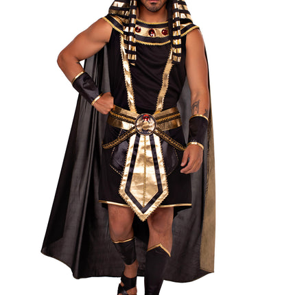 Men's 6 PC Pharaoh Costume, Includes Tank Top, Jeweled Collar with Attached Cape, Shorts with Attached Panel Belt, Wrist Cuffs, Leg Guards, and Head Piece - Black/Gold - X-LARGE
