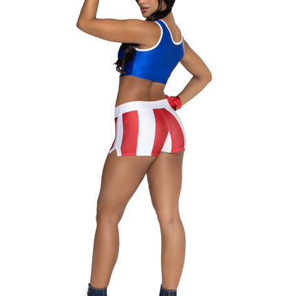 3 PC Knock Out Champ Costume, Includes Crop Top, Shorts, and Boxing Gloves. - Multicolor - SMALL