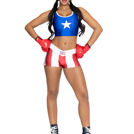 3 PC Knock Out Champ Costume, Includes Crop Top, Shorts, and Boxing Gloves. - Multicolor - SMALL