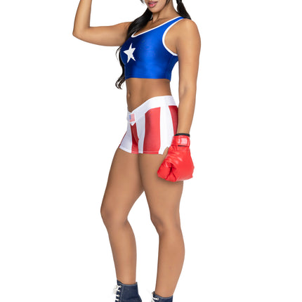 3 PC Knock Out Champ Costume, Includes Crop Top, Shorts, and Boxing Gloves. - Multicolor - SMALL