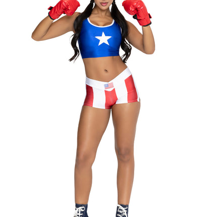 3 PC Knock Out Champ Costume, Includes Crop Top, Shorts, and Boxing Gloves. - Multicolor - SMALL