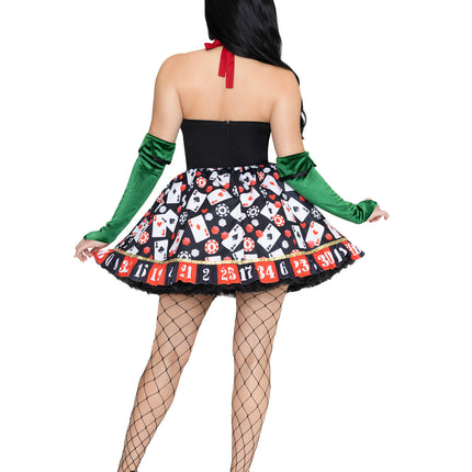 3 PC Lady Luck Costume, Includes Playing Card Dress with Roulette Skirt, Dollar Sign Bow Tie, and Velvet Gloves. - Multicolor - SMALL