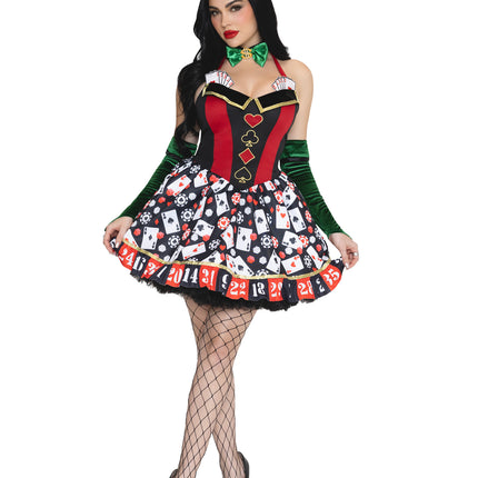 3 PC Lady Luck Costume, Includes Playing Card Dress with Roulette Skirt, Dollar Sign Bow Tie, and Velvet Gloves. - Multicolor - SMALL