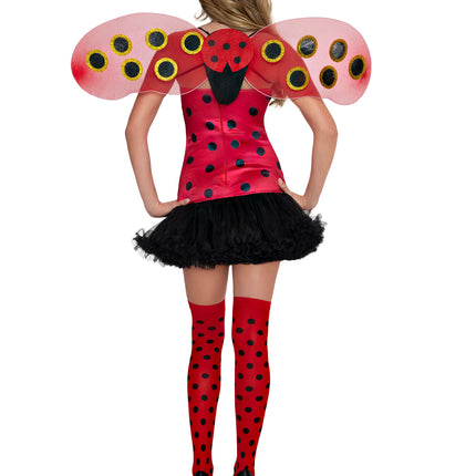4 PC Daisy Bug Costume, Includes Tube Dress with Daisy Accent, Wings, Antennae Headband, and Thigh Highs. - Black/Red - X-LARGE