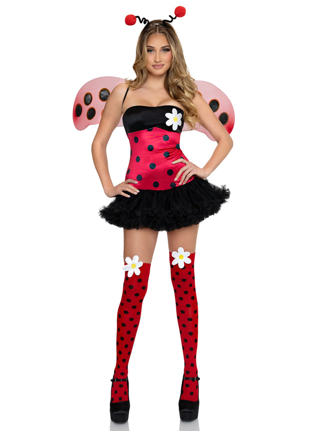4 PC Daisy Bug Costume, Includes Tube Dress with Daisy Accent, Wings, Antennae Headband, and Thigh Highs. - Black/Red - XS