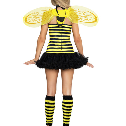 4 PC Daisy Bee Costume, Includes Halter Dress with Daisy Accent, Wings, Antennae Headband, and Leg Warmers. - Black/Yell - XS