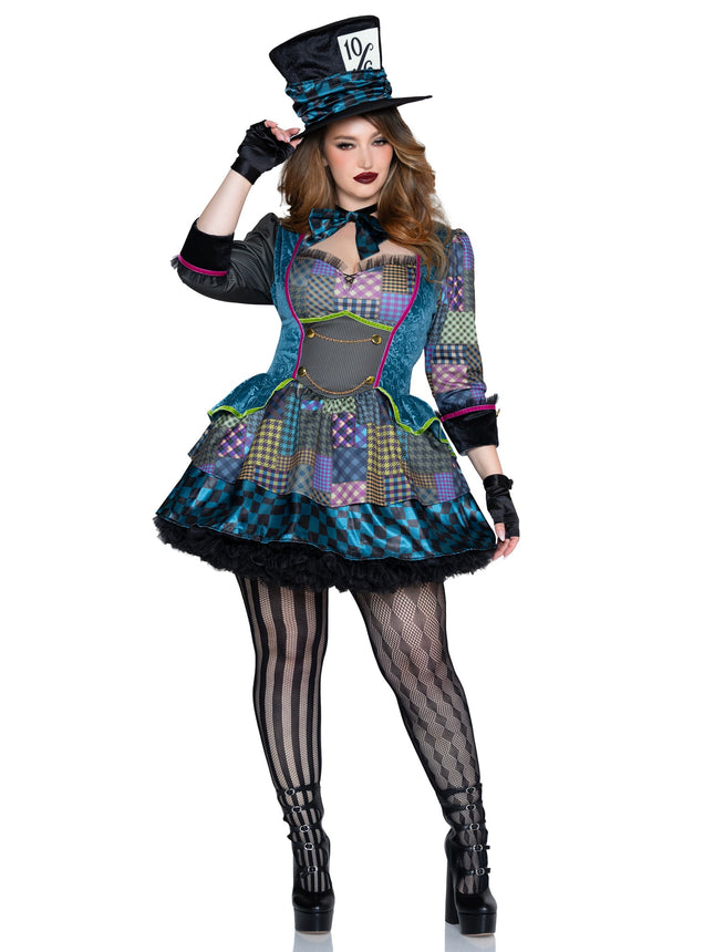 Plus Size 3 PC Charming Mad Hatter Costume, Includes Patchwork Dress, Bow Tie, and Hat. - Multicolor - 1X-2X