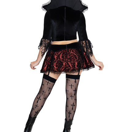 2 PC Love Bite Vampire Costume, Includes Top with Lace Trimmed Stay-Up Collar and Garter Skirt. - Black/Red - MEDIUM