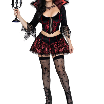 2 PC Love Bite Vampire Costume, Includes Top with Lace Trimmed Stay-Up Collar and Garter Skirt. - Black/Red - MEDIUM