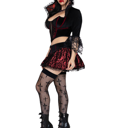 2 PC Love Bite Vampire Costume, Includes Top with Lace Trimmed Stay-Up Collar and Garter Skirt. - Black/Red - MEDIUM