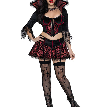 2 PC Love Bite Vampire Costume, Includes Top with Lace Trimmed Stay-Up Collar and Garter Skirt. - Black/Red - MEDIUM