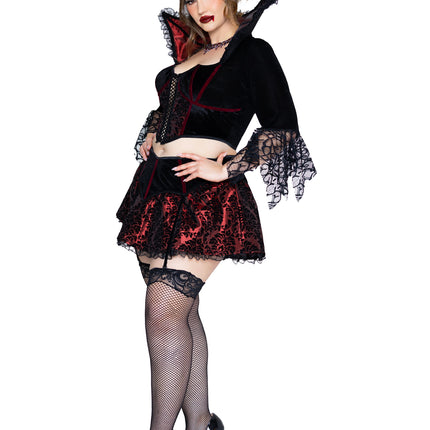 Plus Size 2 PC Love Bite Vampire Costume, Includes Top with Lace Trimmed Stay-Up Collar and Garter Skirt. - Black/Red - 1X-2X