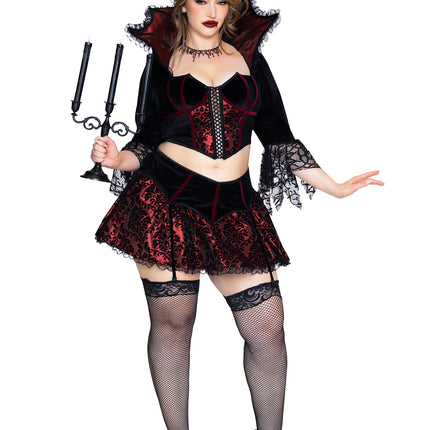 Plus Size 2 PC Love Bite Vampire Costume, Includes Top with Lace Trimmed Stay-Up Collar and Garter Skirt. - Black/Red - 1X-2X