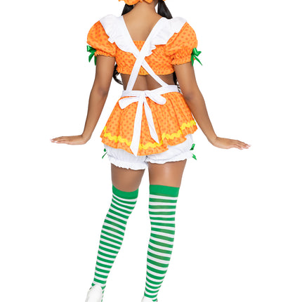 3 PC Blossom Babe Costume, Includes Polka-Dot Crop Top, Suspender Skirt with Attached Bloomers, and Bonnet. - Orange - LARGE
