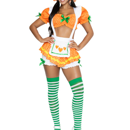 3 PC Blossom Babe Costume, Includes Polka-Dot Crop Top, Suspender Skirt with Attached Bloomers, and Bonnet. - Orange - LARGE