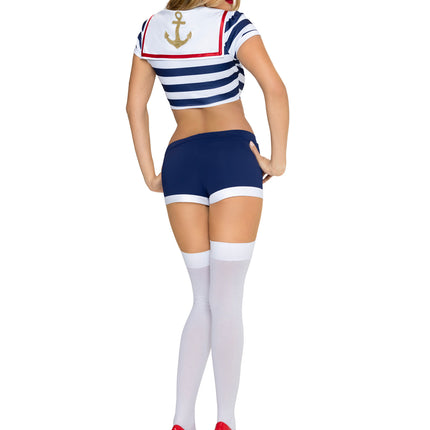 3 PC Pin-Up Sailor Costume, Includes Crop Top with Anchor Detail, Shorts, and Sailor Hat. - Blue/White - MEDIUM