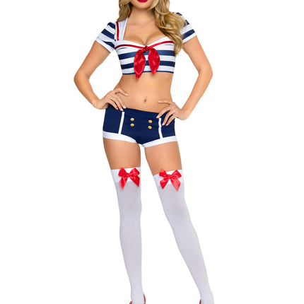 3 PC Pin-Up Sailor Costume, Includes Crop Top with Anchor Detail, Shorts, and Sailor Hat. - Blue/White - MEDIUM