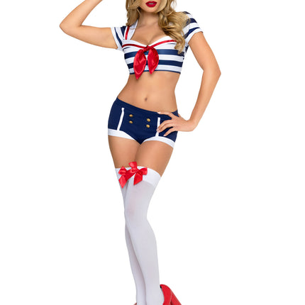 3 PC Pin-Up Sailor Costume, Includes Crop Top with Anchor Detail, Shorts, and Sailor Hat. - Blue/White - MEDIUM