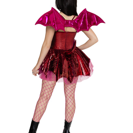 5 PC Fiery Dragon Costume, Includes Dress with Scale Skirt, Pin-On Tail, Dragon Wings, Studded Choker, and Horn Headband. - Red - MEDIUM