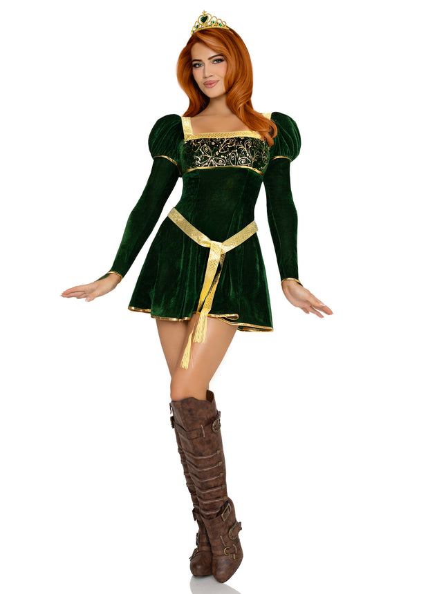 3 PC Swamp Princess Costume, Includes Velvet Dress with Gauntlet Sleeve, Belt, And Crown. - Green - XS